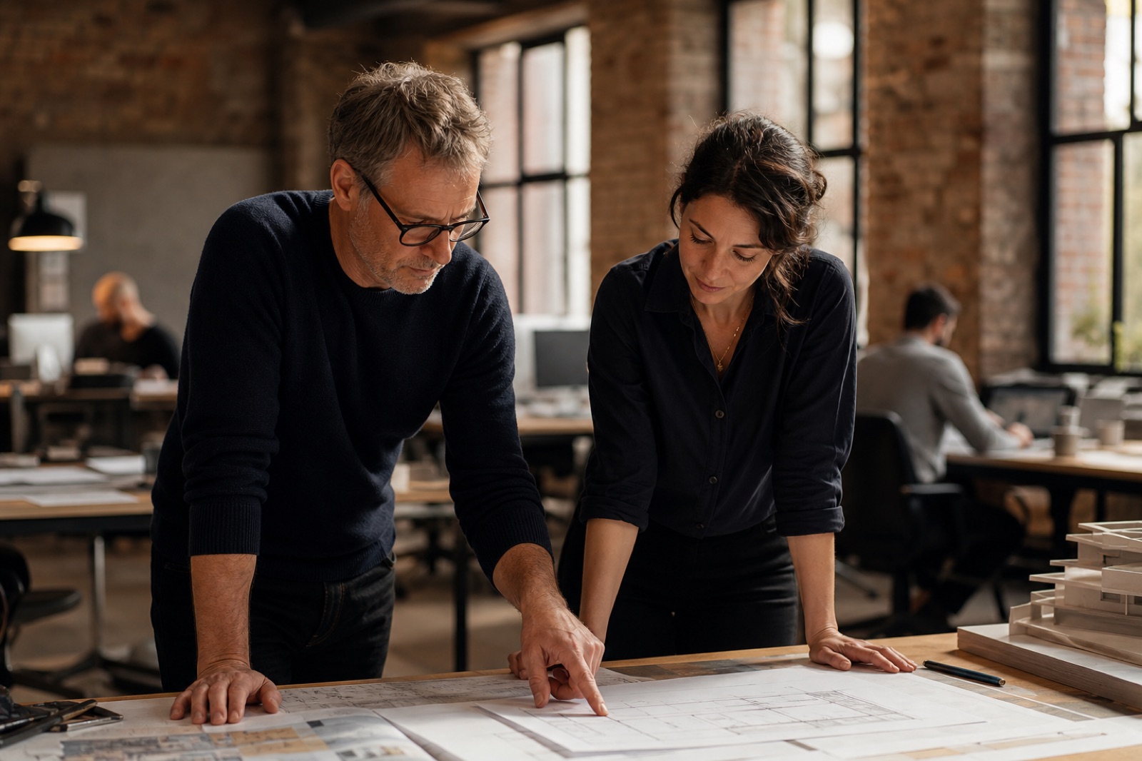 Two business owners checking figures together at a desk in their premises